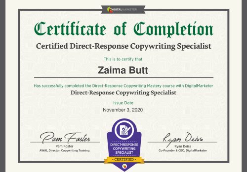 Zaima-Butt-Copywriting-Mastery-Copywriting-Mastery-Certificate-DigitalMarketer-Lab